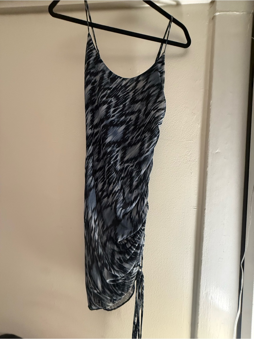 One-Shoulder Black & Blue Printed Slip Dress